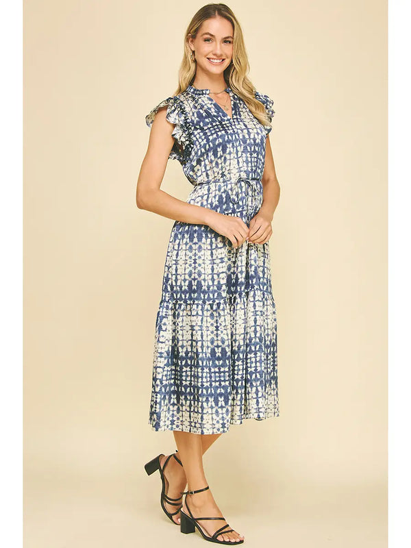 Print Tiered Midi Dress in Dusty Navy - Romantiques