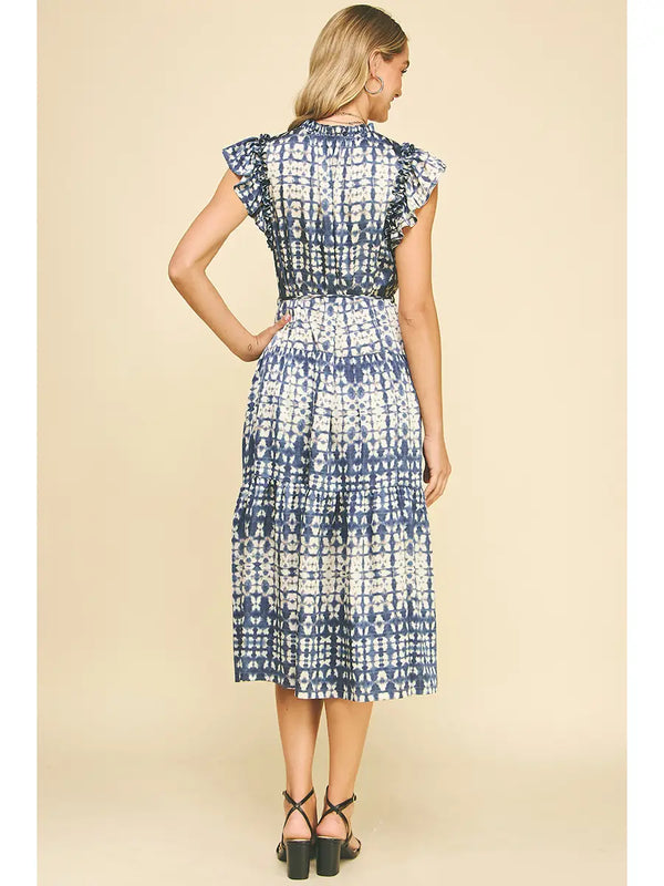 Print Tiered Midi Dress in Dusty Navy - Romantiques