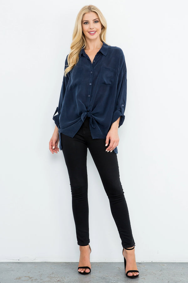 Maven Cupro Cargo Pocket Blouse in Navy - Romantiques