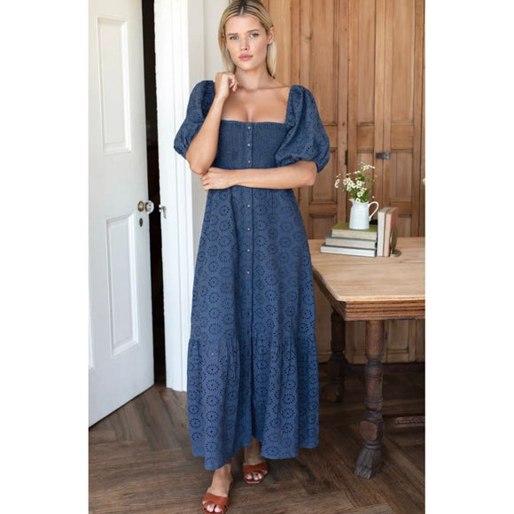 Santiago Maxi Dress in Blue Indigo Eyelet - Romantiques