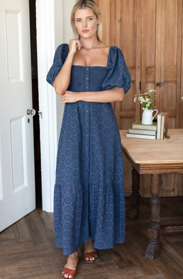 Santiago Maxi Dress in Blue Indigo Eyelet - Romantiques