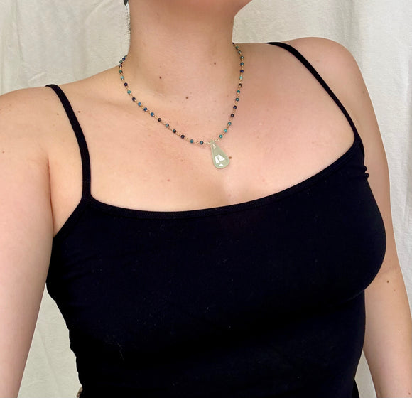 April Martin Blue Chalcedony Pendant on Green Raw Emerald Beaded Necklace - Romantiques