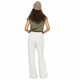 A woman shown from the back wearing an olive green short-sleeve top, off-white wide-leg pants, and a beige knit beanie against a plain white background.