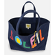 Navy blue tote bag with colorful letters and a heart tag on a white background