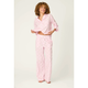 A woman modeling a light pink pajama set with a small repeating floral pattern, consisting of a long-sleeve button-up shirt and matching wide-leg pants, against a plain light background.