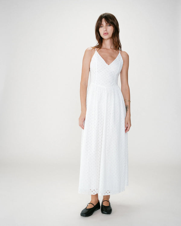 Wimala Long Flared Eyelet Dress in White - Romantiques