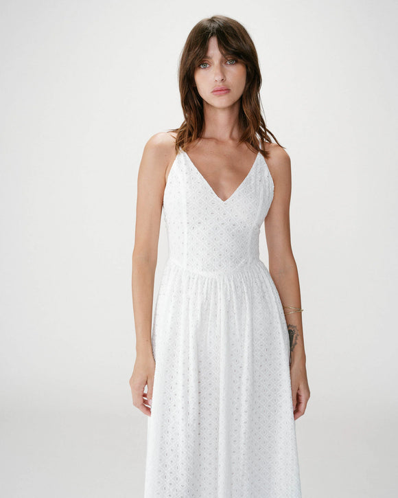 Wimala Long Flared Eyelet Dress in White - Romantiques
