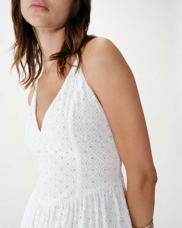 Wimala Long Flared Eyelet Dress in White - Romantiques