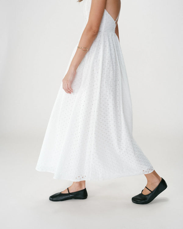 Wimala Long Flared Eyelet Dress in White - Romantiques