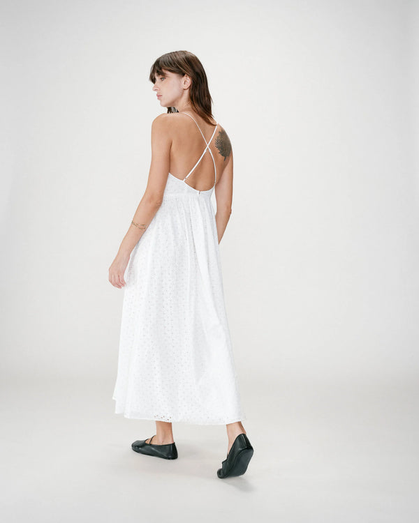 Wimala Long Flared Eyelet Dress in White - Romantiques