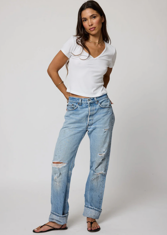 Stillwater Rib V-Neck Crop Baby Tee in White - Romantiques