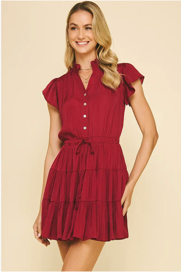 Silky, Button Down Tiered Mini Dress in Berry - Romantiques