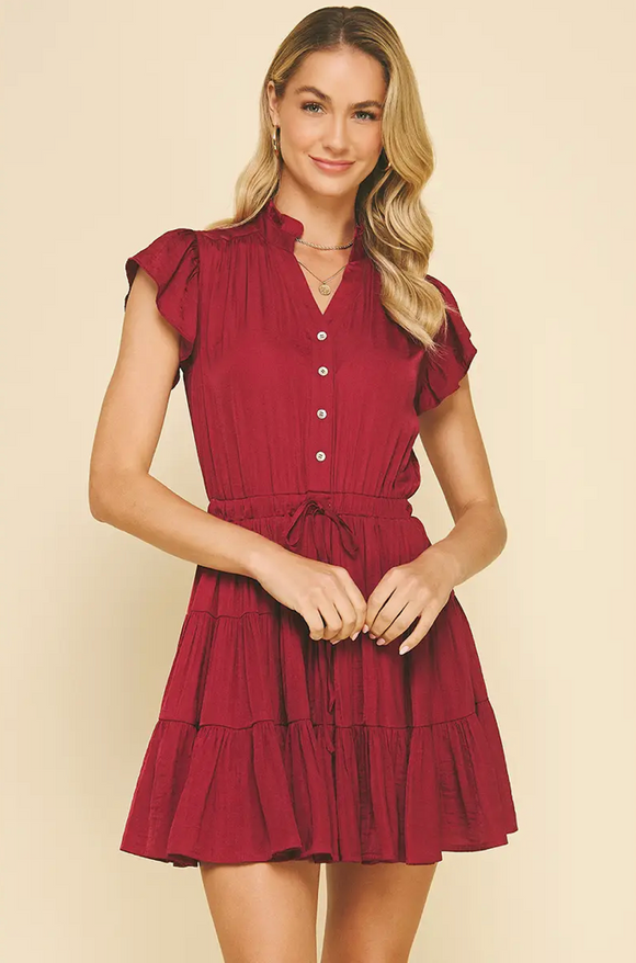 Silky, Button Down Tiered Mini Dress in Berry - Romantiques