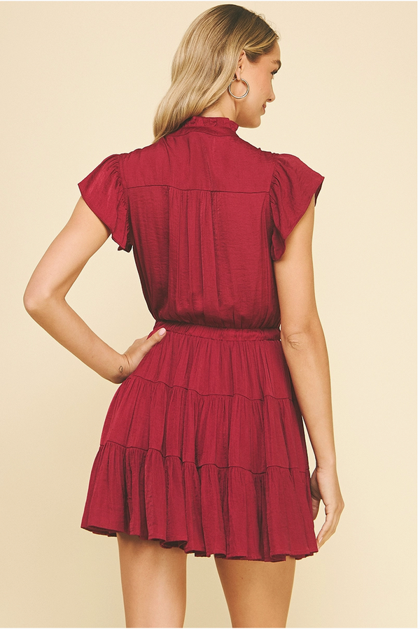 Silky, Button Down Tiered Mini Dress in Berry - Romantiques