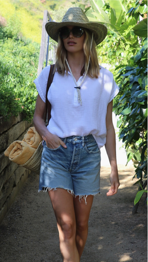 Lovato Short Sleeve Henley Gauze Tee in White - Romantiques