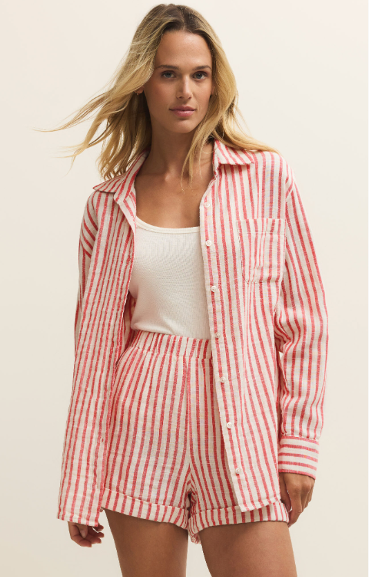 Z Supply Saturdays Stripe Shirt Crimson Crush - Romantiques