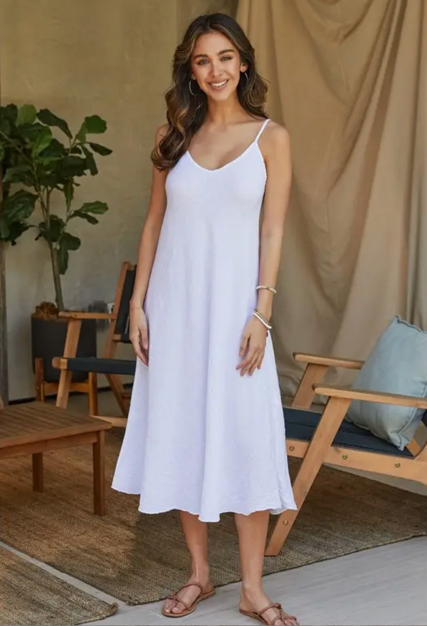 Italian Linen Midi Slip Dress In White - Romantiques