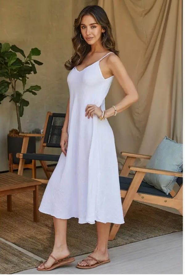 Italian Linen Midi Slip Dress In White - Romantiques