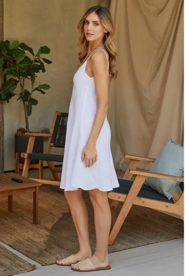 Italian Linen V-Neck Midi Slip Dress In White - Romantiques