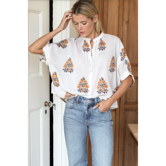 Emerson Fry Mandarin Collar Top in Tomas Flowers Marigolds - Romantiques