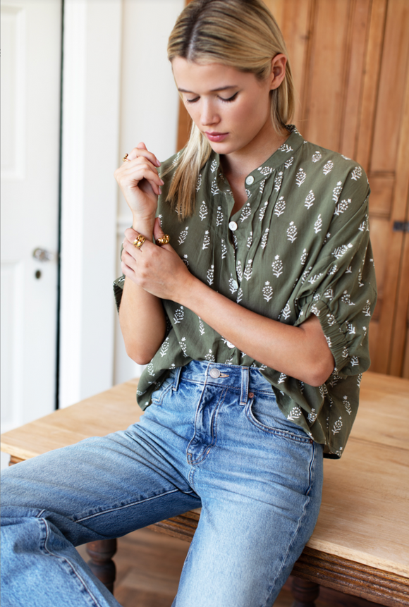 Emerson Fry Mandarin Collar Top in Gothic Moss - Romantiques