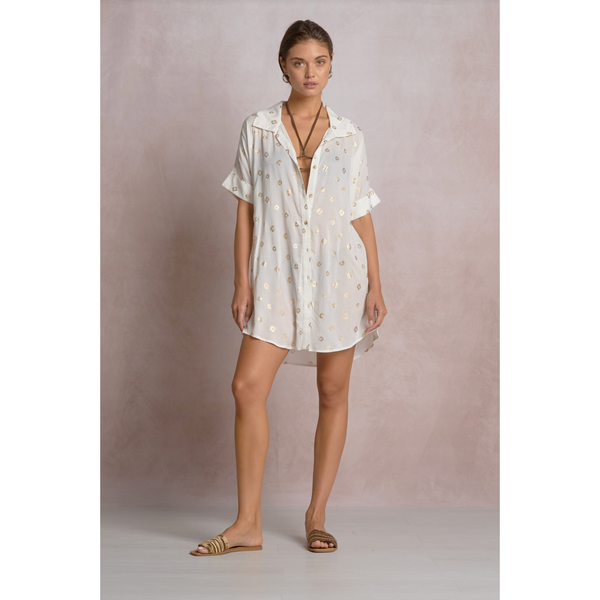 Hera White Short Sleeve Shirt Dress with Gold Polka Dots - Romantiques