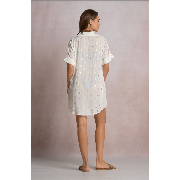 Hera White Short Sleeve Shirt Dress with Gold Polka Dots - Romantiques