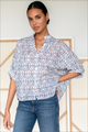 Emerson Fry Mandarin Collar Top in Blue Portrait Floral - Romantiques
