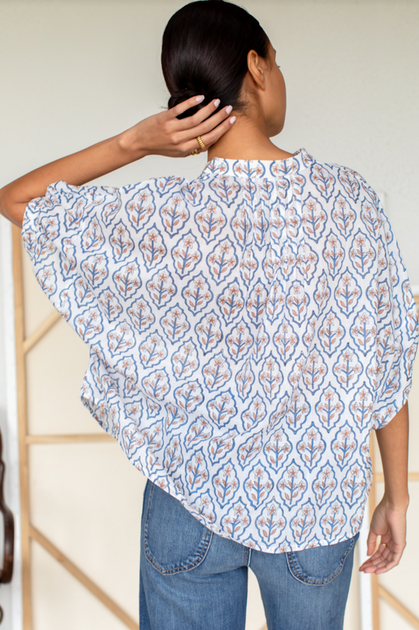 Emerson Fry Mandarin Collar Top in Blue Portrait Floral - Romantiques