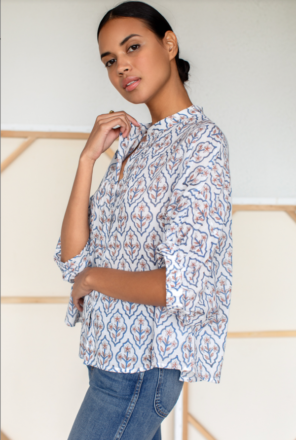 Emerson Fry Mandarin Collar Top in Blue Portrait Floral - Romantiques