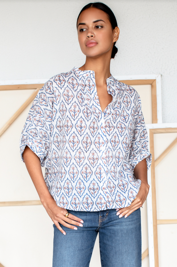 Emerson Fry Mandarin Collar Top in Blue Portrait Floral - Romantiques