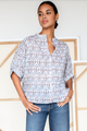 Emerson Fry Mandarin Collar Top in Blue Portrait Floral - Romantiques