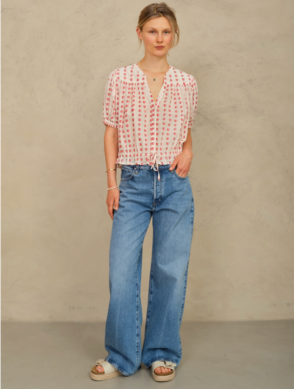 Karla Gathered Top in Ecru & Red - Romantiques