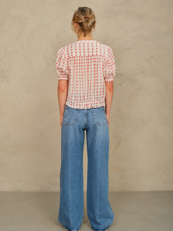 Karla Gathered Top in Ecru & Red - Romantiques