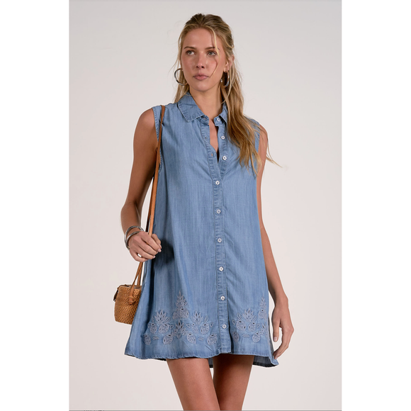 Denim Flower Sleeveless Button Down Mini Dress - Romantiques