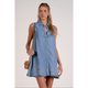 Denim Flower Sleeveless Button Down Mini Dress - Romantiques