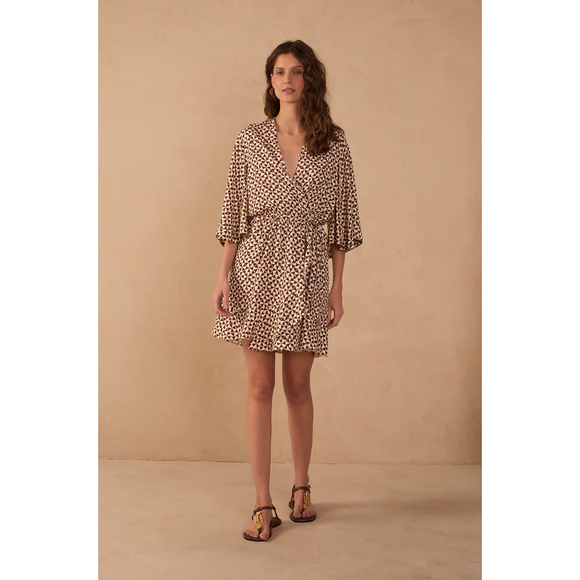 Solar Corrida Printed Wrap Mini Dress in Beige - Romantiques