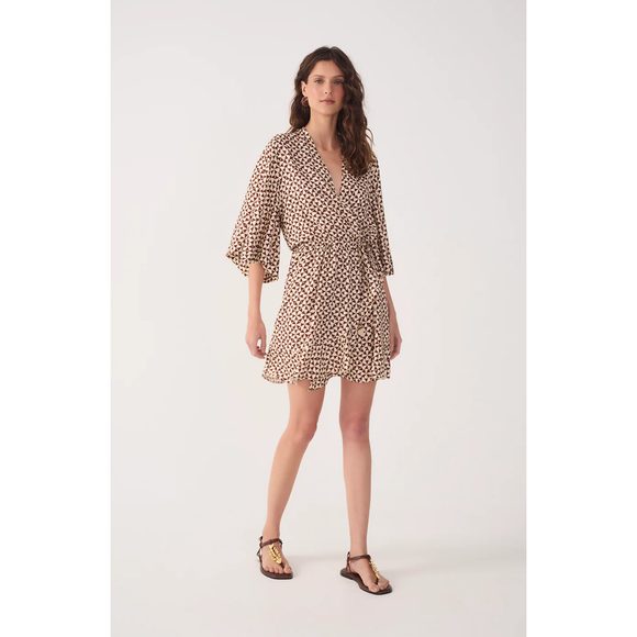 Solar Corrida Printed Wrap Mini Dress in Beige - Romantiques
