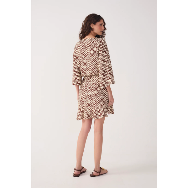 Solar Corrida Printed Wrap Mini Dress in Beige - Romantiques