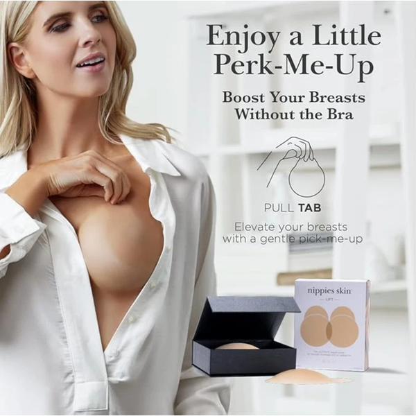 Woman wearing a white shirt with text promoting a product to boost breast appearance.