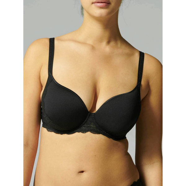 Black bra worn by a model on a plain background