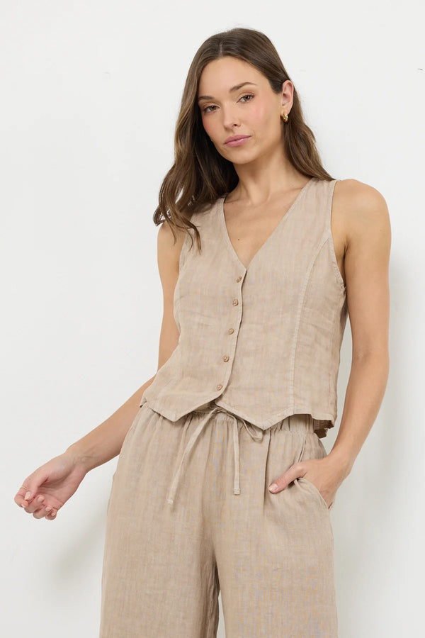 Bay Woven Linen Vest in Sandstone - Romantiques