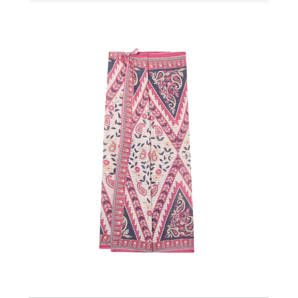 Patterned scarf with pink, blue, and white design on a white background