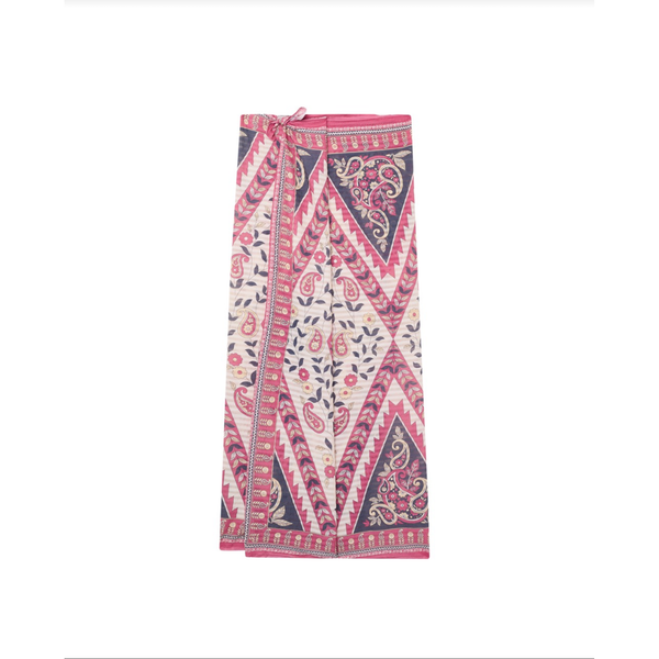 Patterned scarf with pink, blue, and white design on a white background