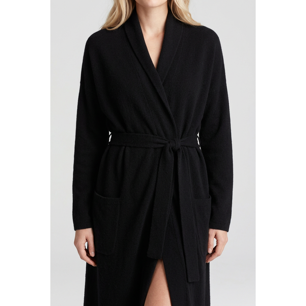Black cashmere robe collar, belt, and pocket detail