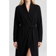 Black cashmere robe collar, belt, and pocket detail
