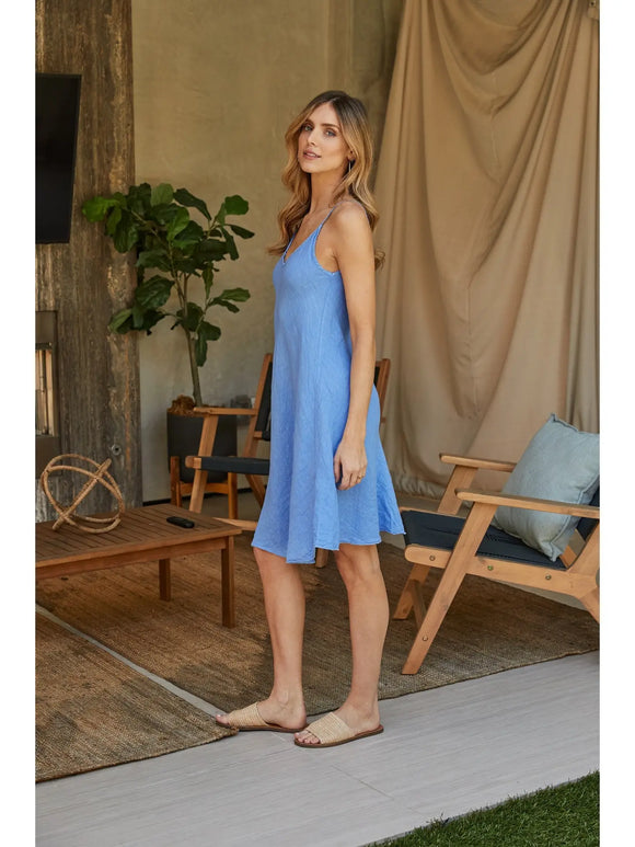 Italian Linen Spaghetti Strap Midi Slip Dress in Cerulean Blue - Romantiques