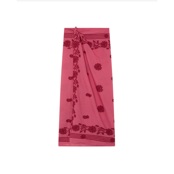 Pink scarf with red floral patterns on a white background