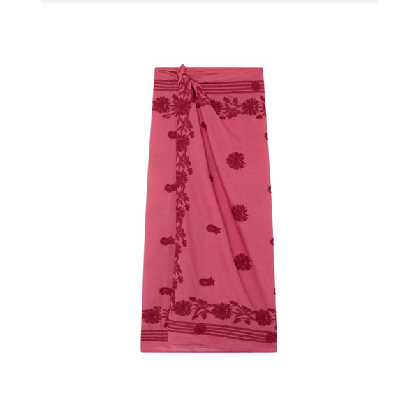 Pink scarf with red floral patterns on a white background