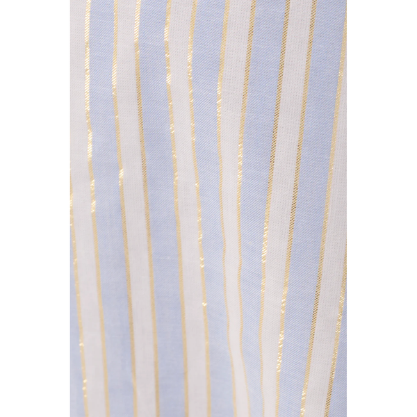 Close-up of fabric with vertical stripes in light blue, white, and gold.